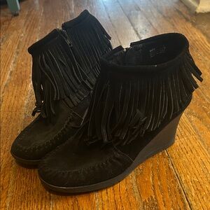 Minnetonka Black Fringe Wedge Boots